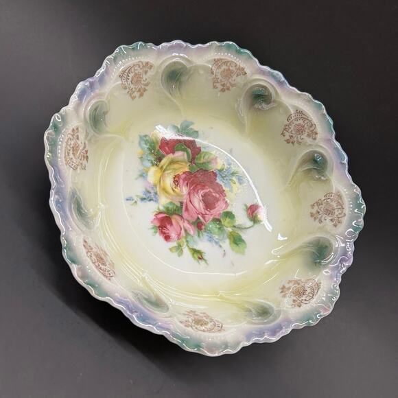 German Cottage Rose Dessert Serving Bowl, Rare VTG Lavender Luster Pattern - Picture 2 of 5